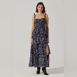 Revolve X  ASTR the Label Mellorie Dress in Navy & Grey Floral maxi tiered Large